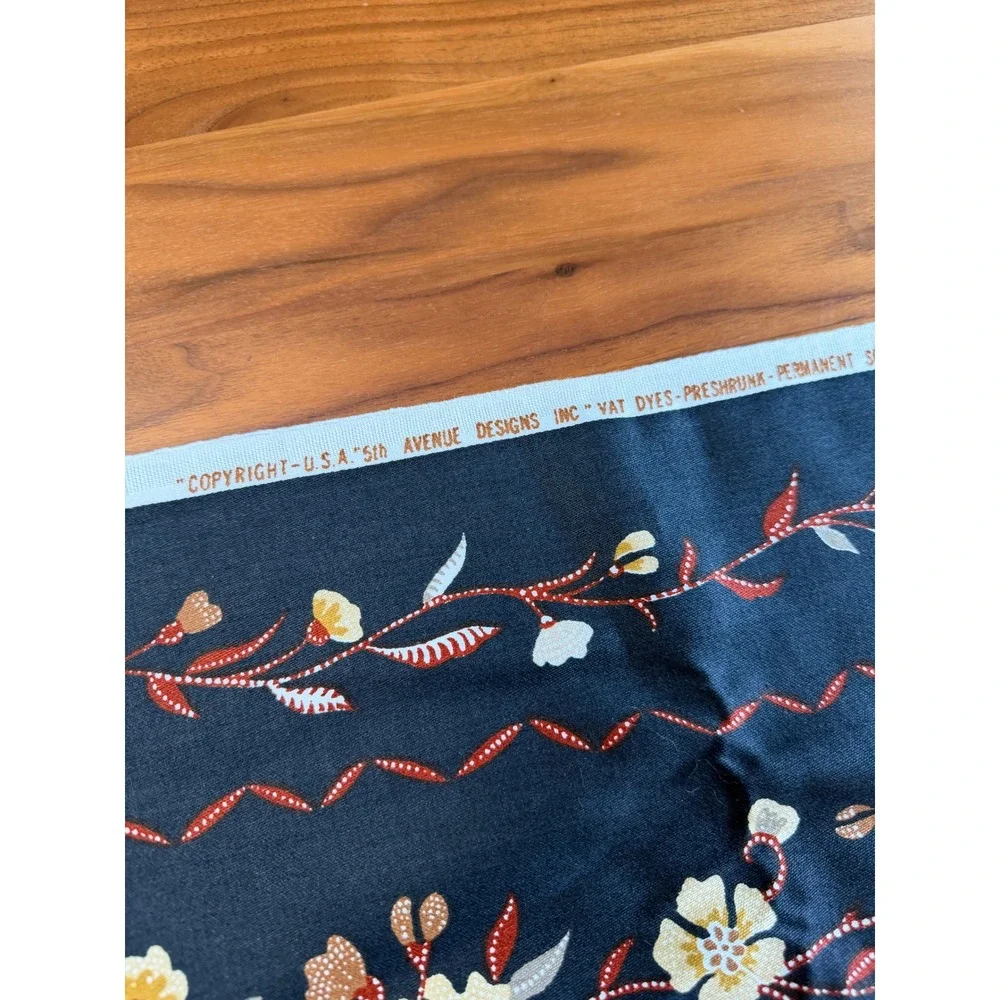 VTG 5th Ave Designs Botanical Fabric 56x62 Black Vat Dye Screen Printed Cotton